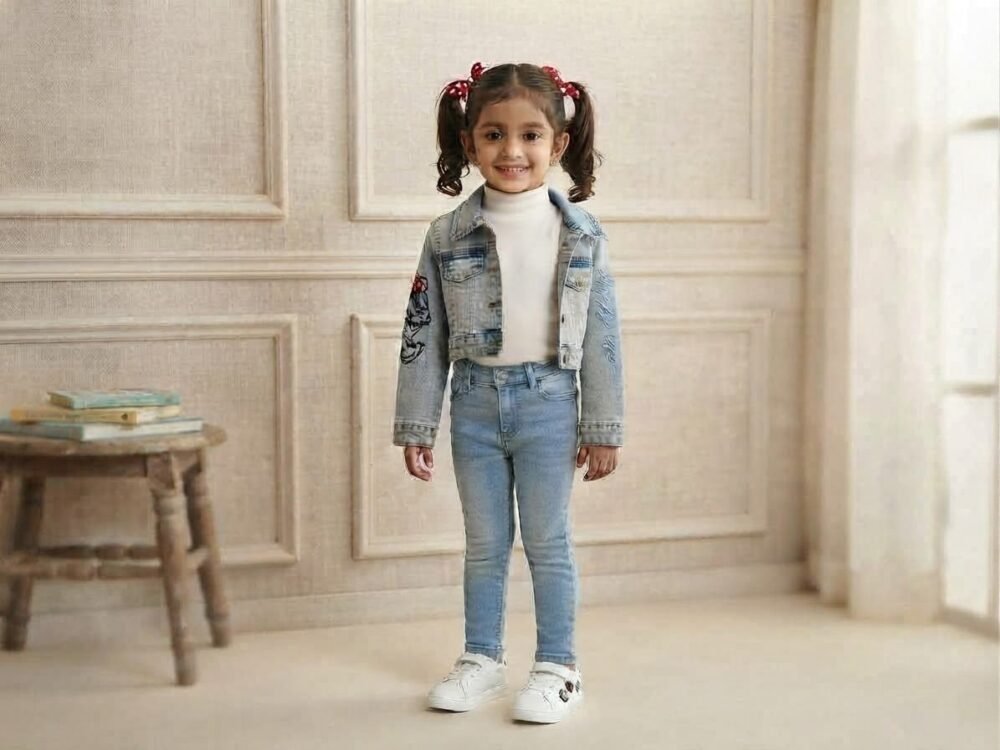 stylish light-wash  denim shortbody  jacket featuring playful sleeve graphics and a button-up front, perfect for your little trendsetter - Image 2