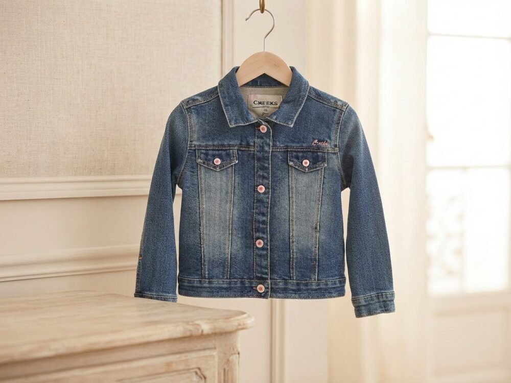 stylish light-wash denim jacket featuring playful sleeve graphic with ladybug cute buttons - Image 2