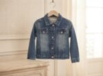 stylish light-wash denim jacket featuring playful sleeve graphic with ladybug cute buttons - Image 2