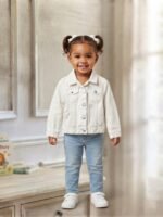 stylish light-wash denim jacket featuring playful sleeve graphics and a button-up front, perfect for your little trendsetter little bit dusty low price - Image 2