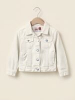 stylish light-wash denim jacket featuring playful sleeve graphics and a button-up front, perfect for your little trendsetter little bit dusty low price