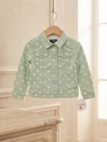 stylish light-wash denim jacket featuring playful sleeve graphics and a button-up front, perfect for your little trendsetter - Image 2