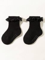 Black&white one pair ribbed baby/toddler ruffle ankle socks  anti-slip
