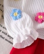 Baby Girl Elegan 2-Piece Set embossed floral Sleeve Cardigan + Red Pleated Mini Skirt - Image 3
