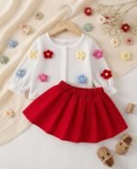 Baby Girl Elegan 2-Piece Set embossed floral Sleeve Cardigan + Red Pleated Mini Skirt - Image 2