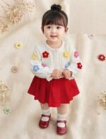 Baby Girl Elegan 2-Piece Set embossed floral Sleeve Cardigan + Red Pleated Mini Skirt