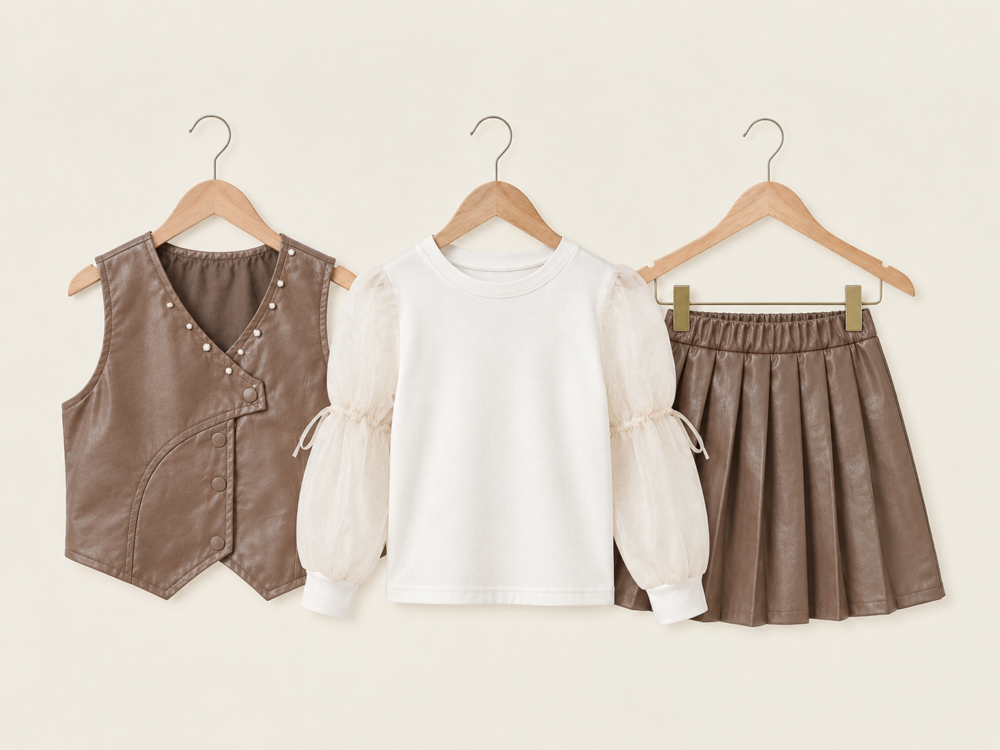 Girls korean rhinestone leather Vest, Shirt & Pleated Skirt Set - Image 2