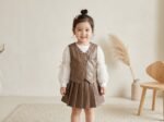 Girls korean rhinestone leather Vest, Shirt & Pleated Skirt Set