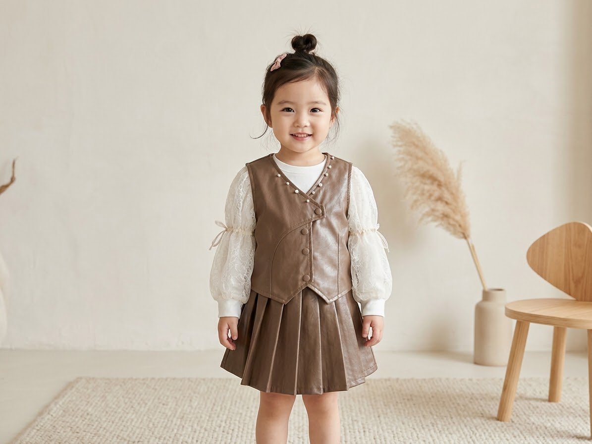 2026/10/1000359823.jpg Girls korean rhinestone leather Vest, Shirt & Pleated Skirt Set - Image 1