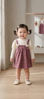 "Charming star-print corduroy pinafore dress with cute Hello Kitty straps and a cozy lace-trimmed inner top."